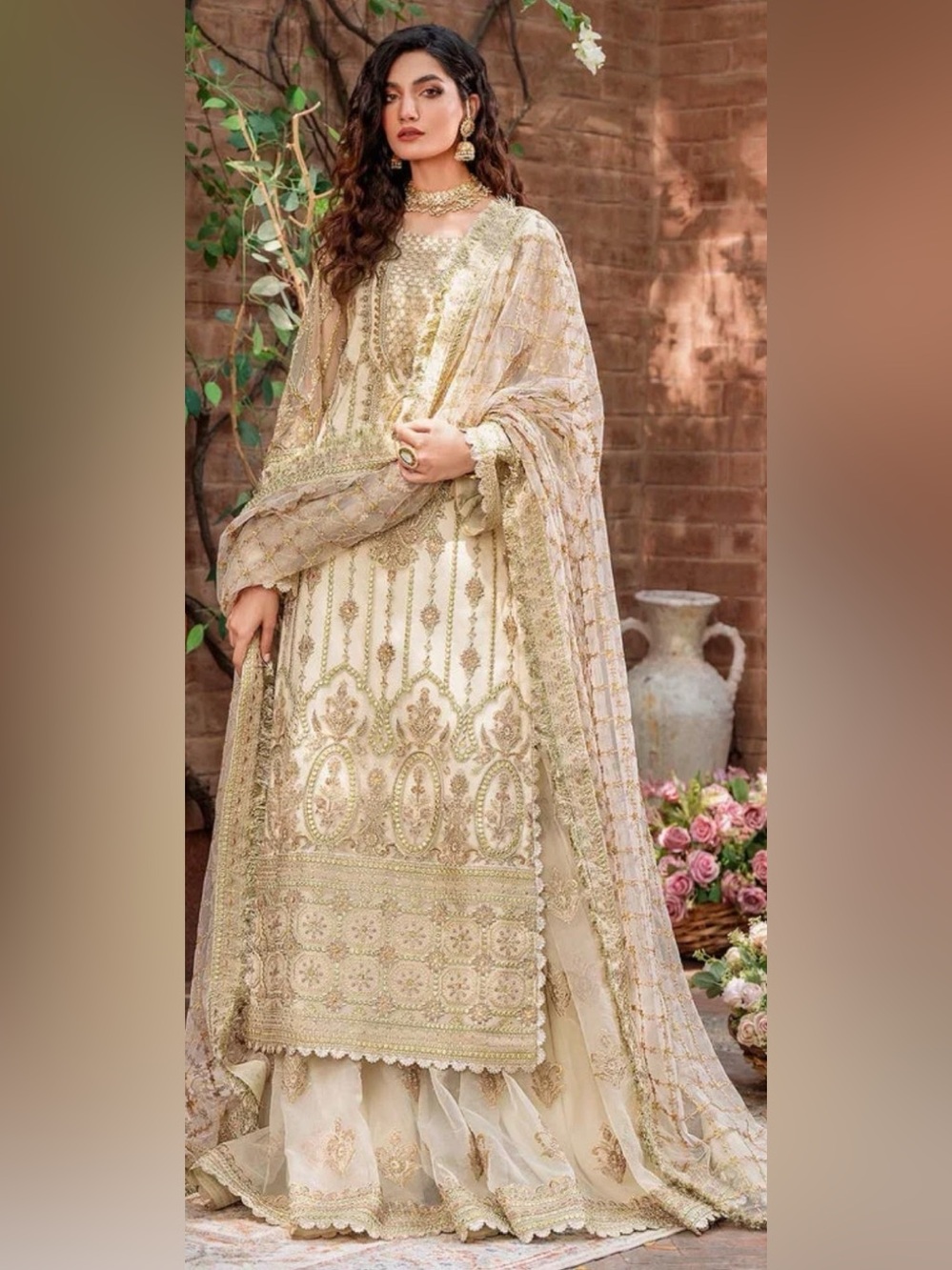 Embroidered Cream & Gold  with Dupatta wedding chiffon fully lined long plazzo